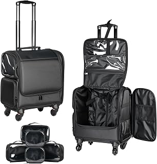 Rolling Makeup Case with Wheels, Professional Makeup Train Case with 5 Clear Makeup Bags, Large Capacity Waterproof 1080D Oxford Cosmetic Organizer for Makeup Artist, Nail Tech & Hairstylist, Black