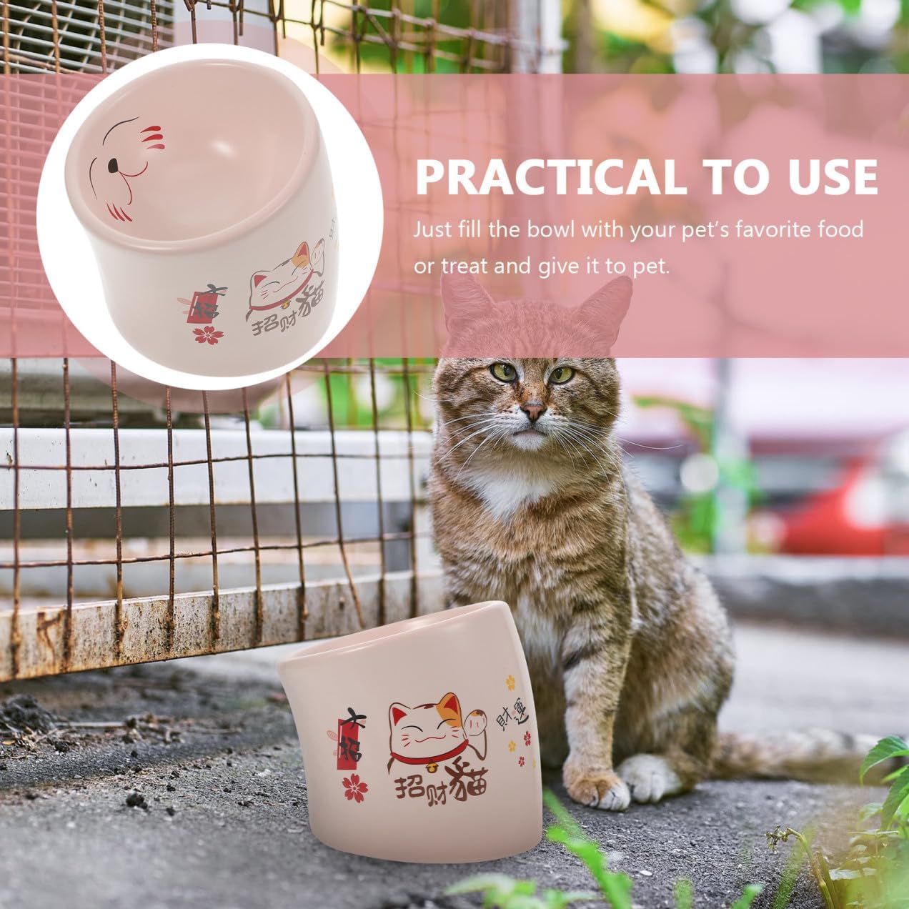 PRETYZOOM Ceramic Anti-Overturn Cat Bowl with Raised Stand, Pink Pet Food Dish with Neck Protection, Stable Puppy and Cat Feeder for Indoor Feeding