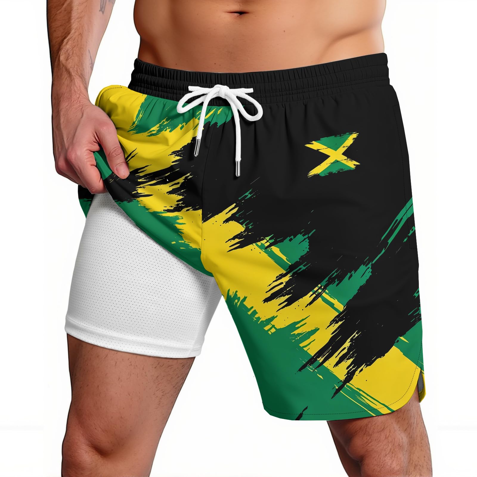 Men's National Swim Trunks Quick Dry Board Shorts with Compression Liner Casual Bathing Suit for Beach Vacation Surfing Party