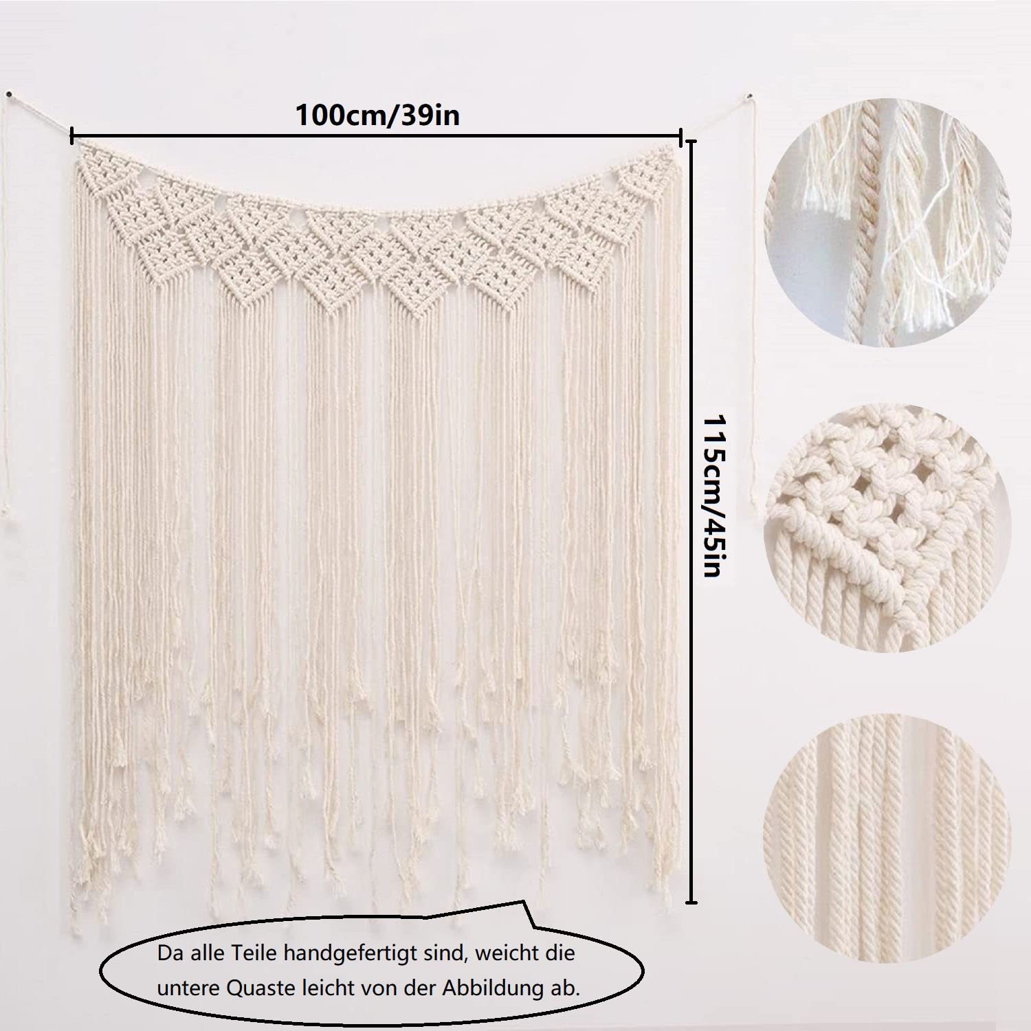 Arazzo In Macramè Tessuto A Mano 1x1 Metro - Decorazione Da Parete Bohémien, Stile Hippie Rustico Per Soggiorno E Camera Da Letto - 2
