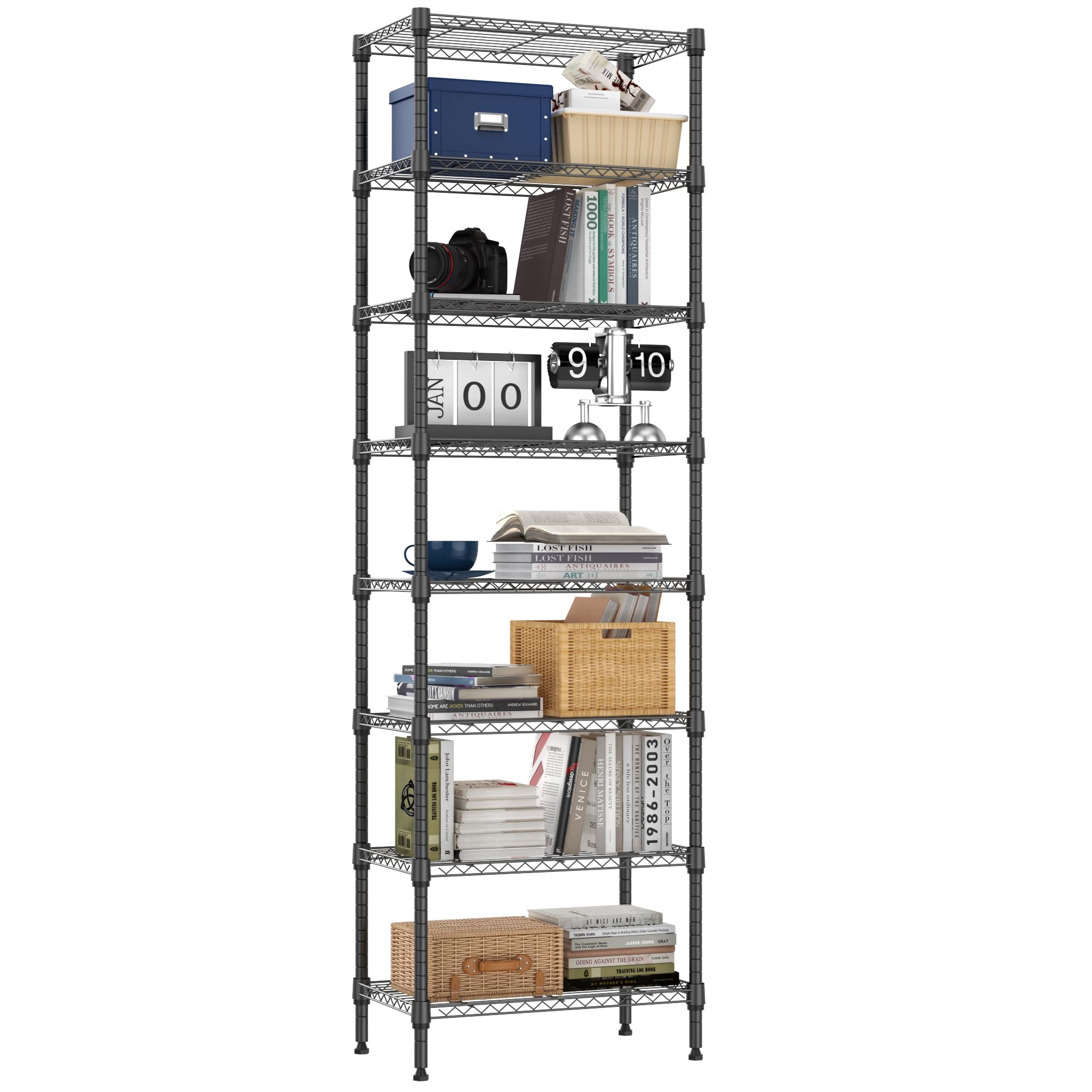 M MZG Storage Shelves 8 Tier Heavy Duty Metal Storage Unit With Height Adjustable Shelves and Levelling Feet 908 kg Load Weight Organizer for Garage, Laundry, Kitchen 35 x 60 x 201.8 cm Black