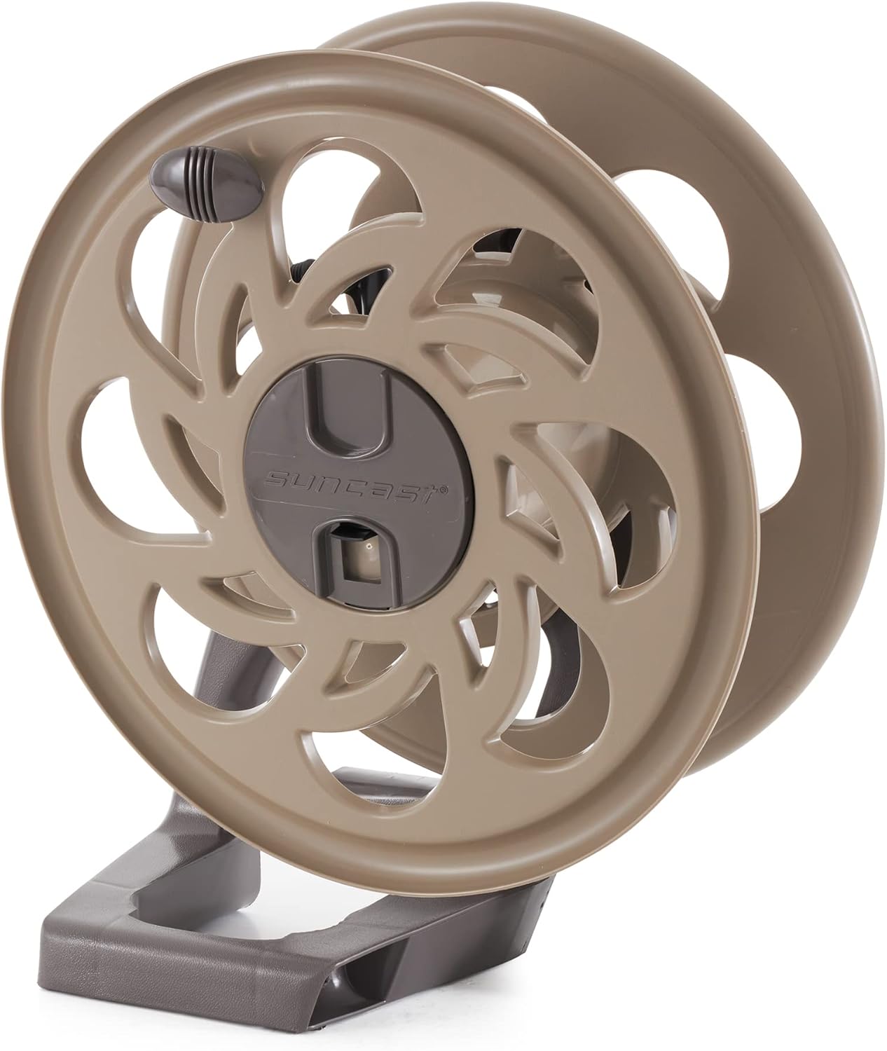 Suncast hose reel with green garden hose wound around it