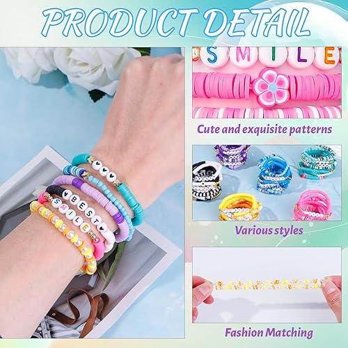Miniatura 12 de LUYI Juego de 32 pulseras de joyería preppy para mujer, con cuentas de arcilla coloridas, juego de pulseras Heishi, apilables, pulseras elásticas