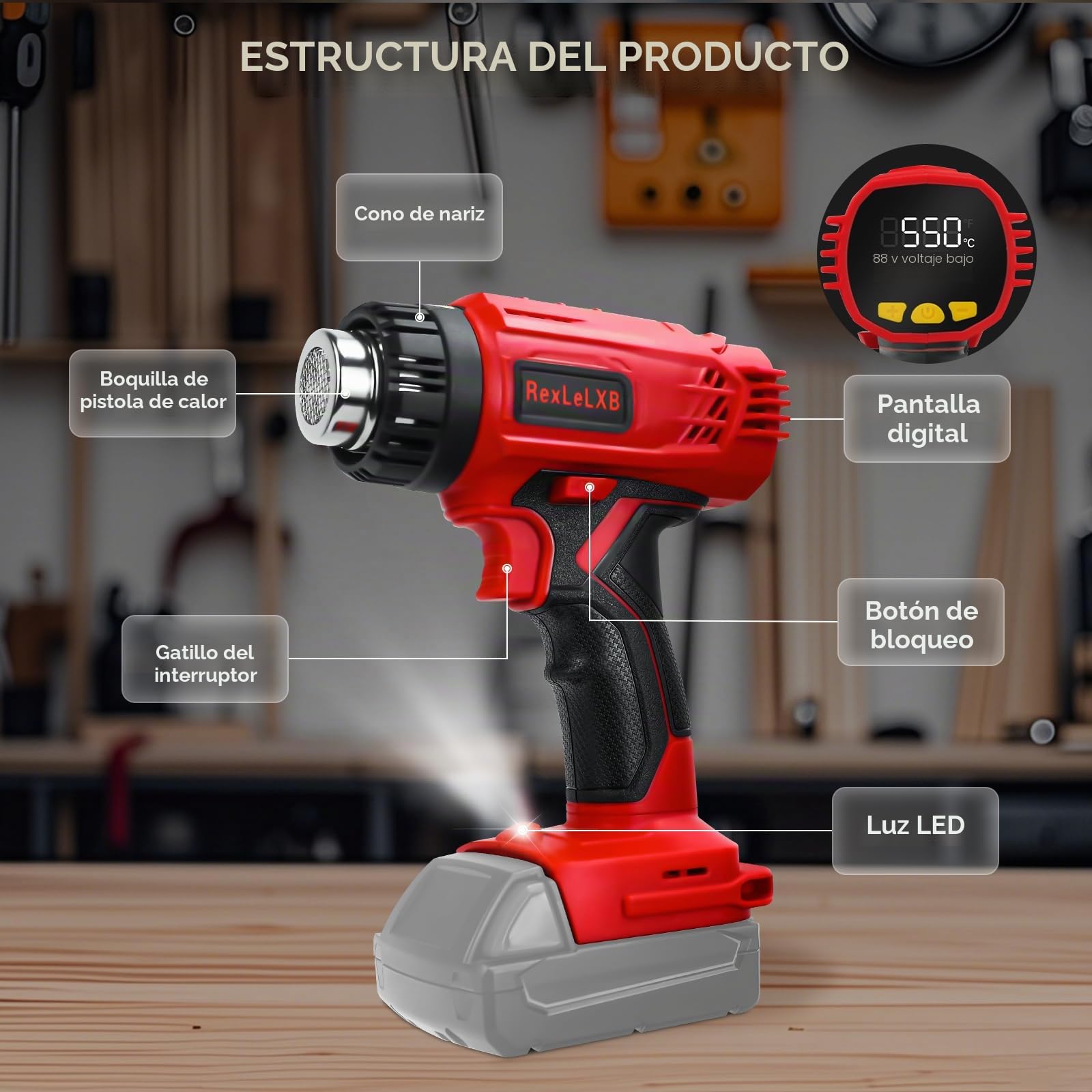 Pistola de aire caliente con pantalla inalámbrica para batería Milwaukee de 18 V de ion de litio, 400 W, 1022 ℉ (550 ℃), pistola de calor con protección contra sobrecarga, 4 boquillas para soldar,