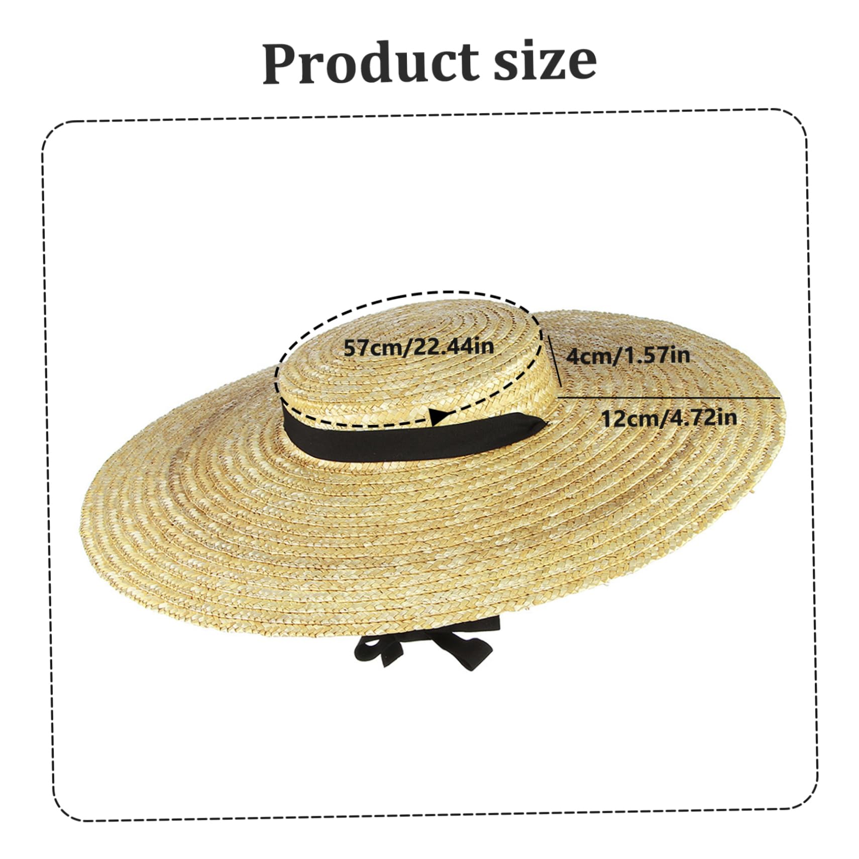 Chapeau de canotier en Paille pour Femme, Chapeau de Plage d'été en Paille tissée Respirante, Protection UV avec mentonnière et Doublure, Bord Large Souple Vintage, Sangle Noire