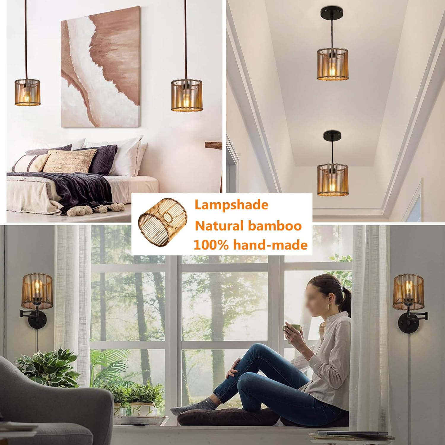 Small RattanShade Bamboo Lamp Shade,Unique Barrel/Cylinder Shape Hollow-Carved Boho Lampshades for Bedside Table Small Lamps Wall Sconce (brown)