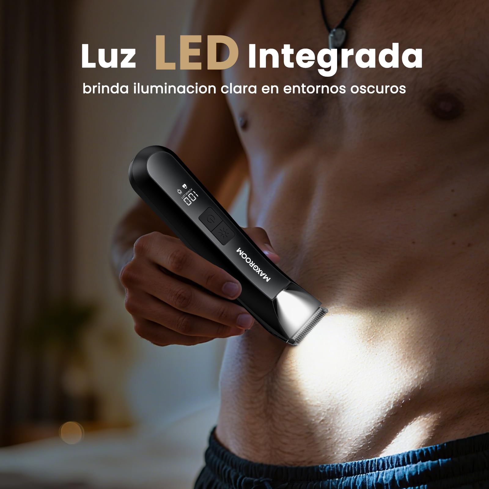 MAXGROOM Afeitadora Corporal Masculina 3 en 1, Depiladora Recargable con Luz LED Precisa, 100% Impermeable, Ideal para Barba, Axilas, Pecho, Piernas y Zonas Íntimas, Incluye Cortapelos Nasal, Negro