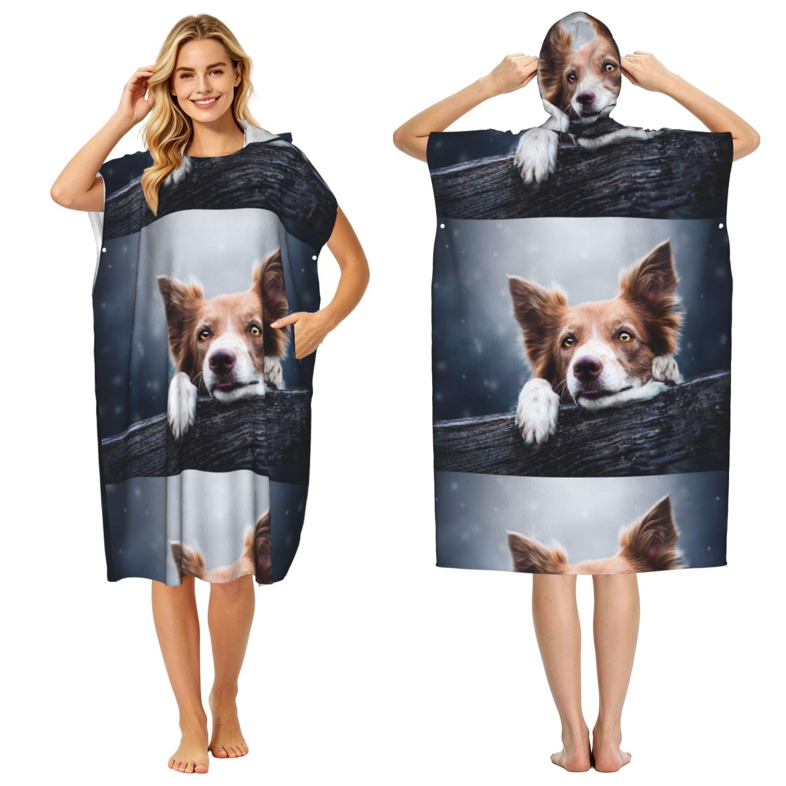 Poadnly Brown Border Collie Bokeh God With Yellow Eyes, Adult Hooded Beach Towel 90 x 110 cm,Changing Bath Robe, Surf Poncho Towel For Women Men