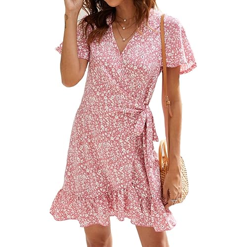 Naggoo Women's Summer Wrap V Neck Polka Dot Print Ruffle Short Sleeve Mini Floral Dress with Belt