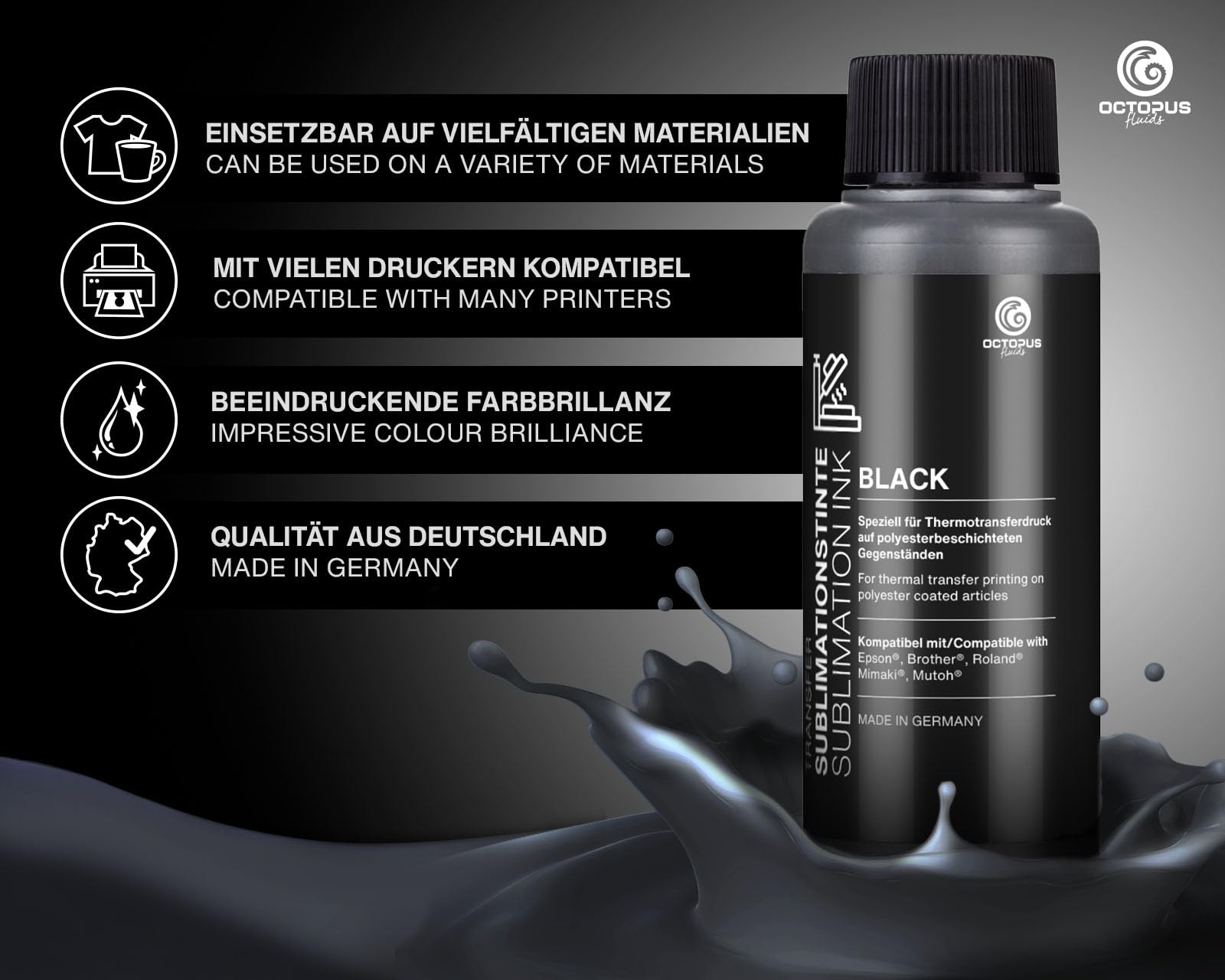 Octopus 4 x 500 ml atrament sublimacyjny do druku na tekstyliach, druk transferowy, tusz sublimacyjny, kompatybilny z Epson, Brother, Roland, Mimaki, Mutoh, CMYK
