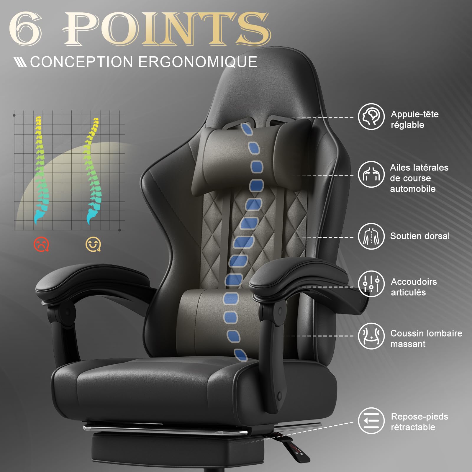 TRIUMPHKEY Chaise de Jeu Ergonomique avec Massage Lombaire, Fauteuil Gaming, Repose-Pieds Rétractable, Dossier Réglable, Confort Quotidien, Gaming et Bureau, Noir