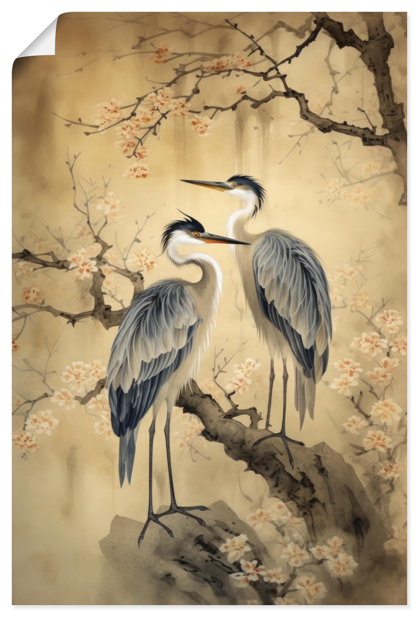 ARTLAND Wanddeko Poster & Kunstdrucke Wandposter 80x120 cm Hochformat Asiatische Deko Kraniche Bäume Blumen Kirschblüten Vintage U4WB