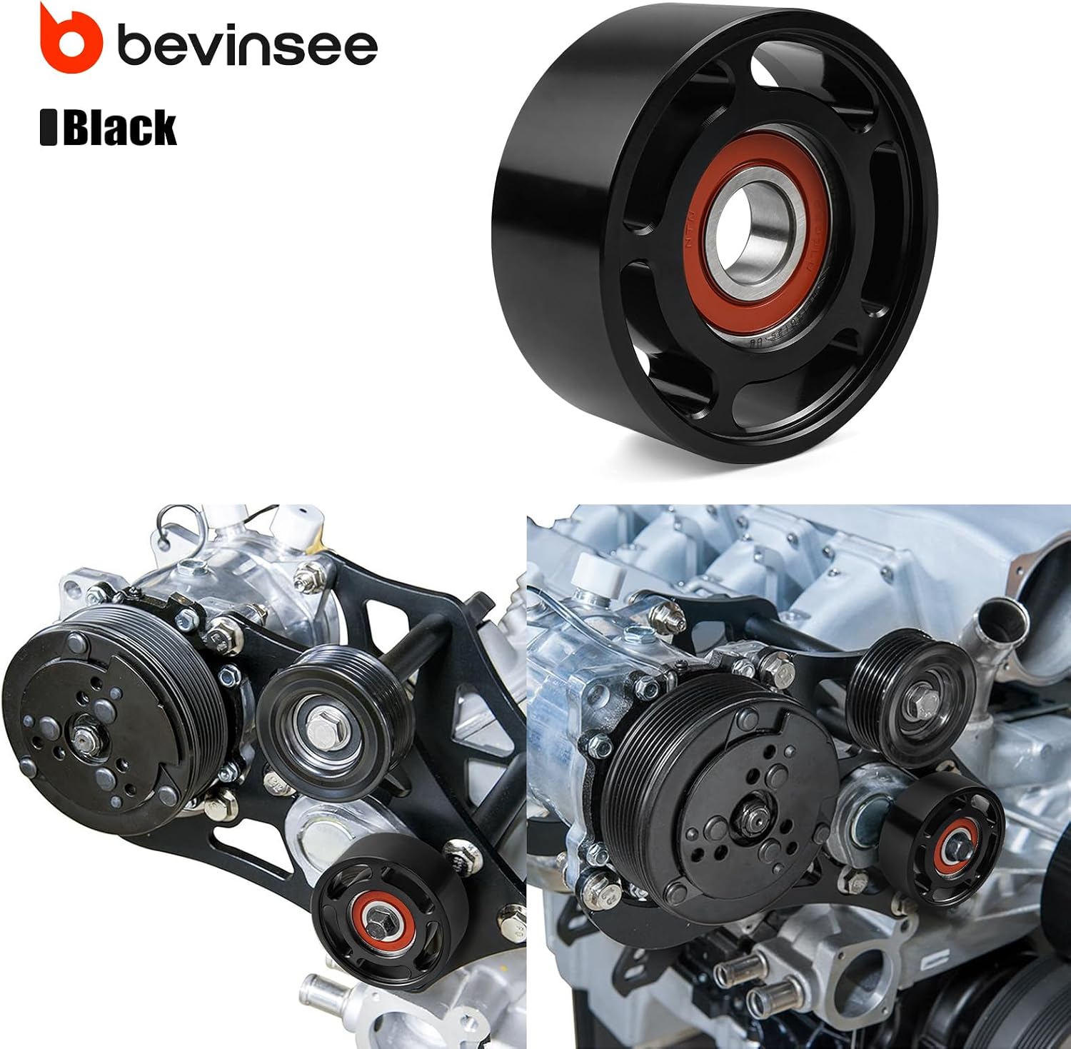 Bevinsee Smooth Idler Pulley 3.0 Diameter for LS Bracket, Replaced 6 Rib Pulley, for 6 Rib Serpentine Belt, Billet Aluminum Idler Pulley, LSX LS Swap Parts