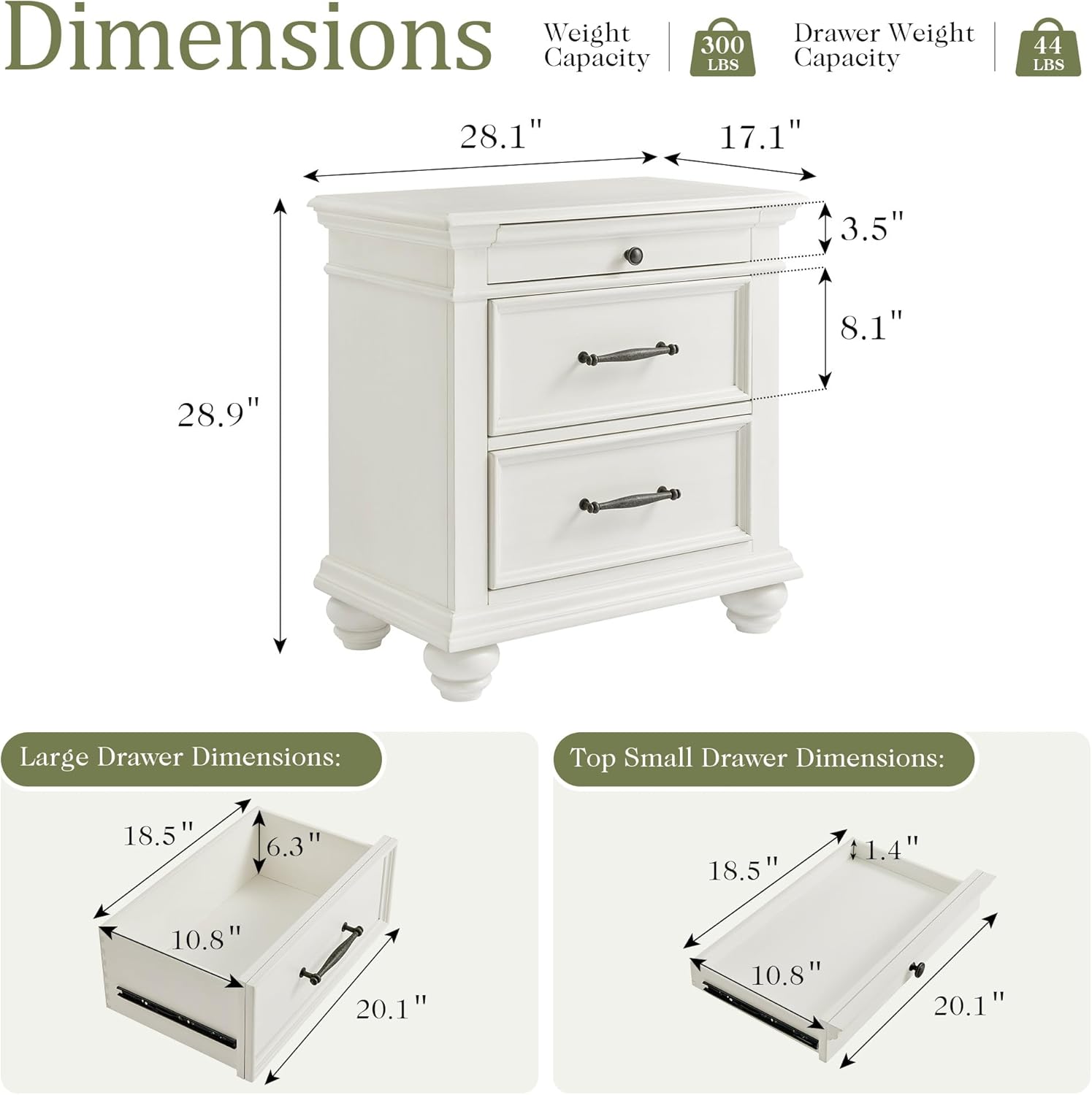 Detailed diagram showing the dimensions of the AMERLIFE nightstand, including width, depth, height, and individual drawer dimensions.