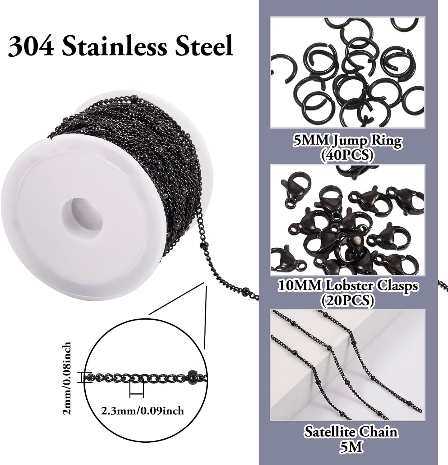 Pandahall 16.4 Feet Satellite Bead Chain for Jewelry Making - Black Stainless Steel Cable Link Roll Necklace Chain Bulk with Jump Rings Lobster Clasps