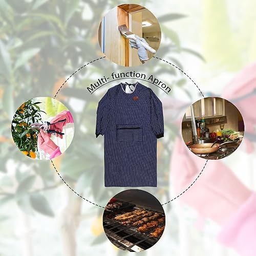 Miniatura 5 de Delantales de algodón de manga larga a rayas para trabajos de limpieza, delantal de manga larga con bolsillos con cremallera, delantal a rayas para
