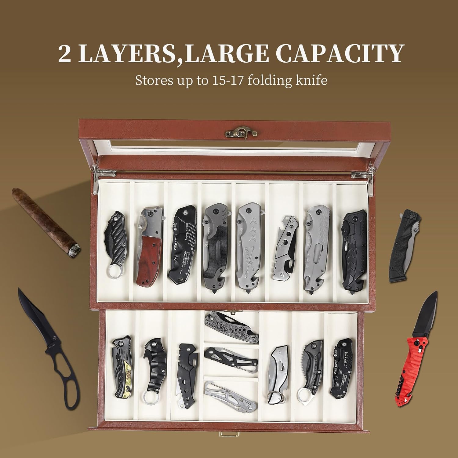 AUTOARK 2-Tier PU Leather & Velvet Knife Organizer with 17 Slots,Transparent Glass Top & Drawer,Compact Storage for Pocket Knives,Perfect for Men's Collections & Gifts,Brown,MKAW017