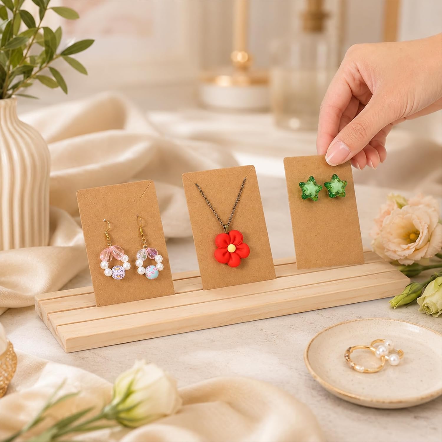 oruola Earring Holders for Selling, 3 Slot Wooden Earring Card Display image 2