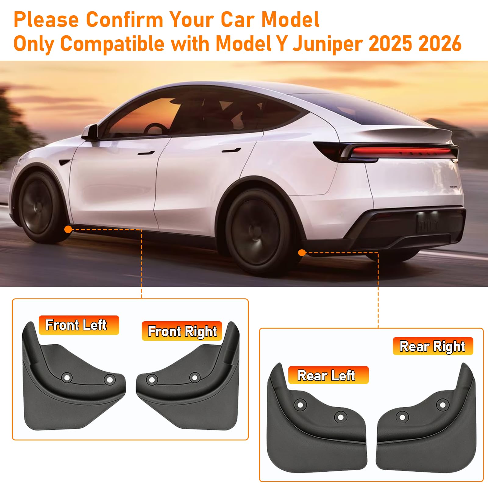 TTCR-II 4PCS Compatible con Faldillas Antibarro Tesla Model Y Juniper 2025+ | 4 Protectores de Barro Juniper 2025 2026+, Accesorios Exteriores Model Y Guardabarros Sin Taladrar MY Tesla Accesorios