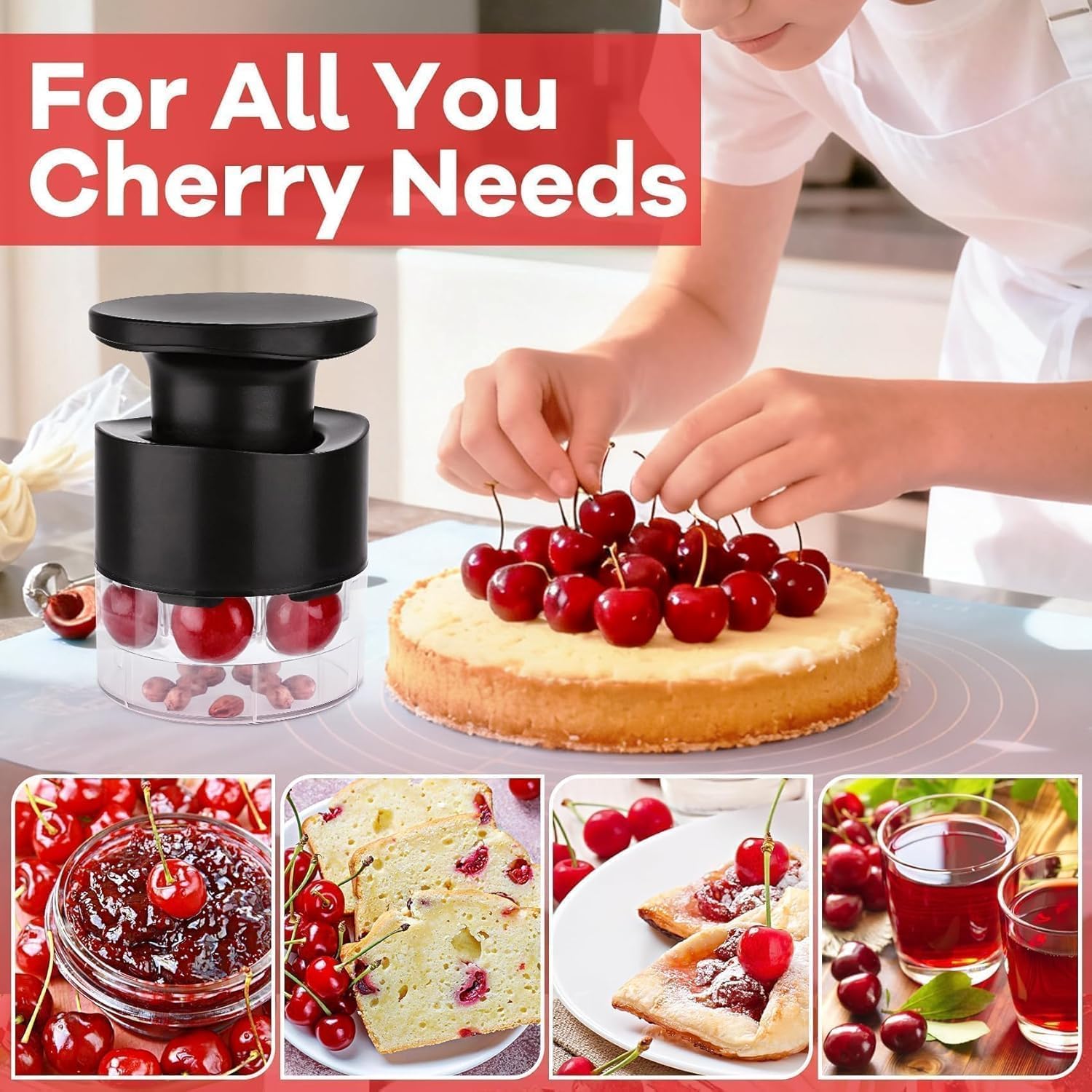 7-Hole Cherry Pitter Tool 2Pcs – Multi Cherry Pitter Pit Remover Corer, Mess-Free Fruit Stoner for Cherry Jam, Baking & Kitchen Prep (2Pcs Black)