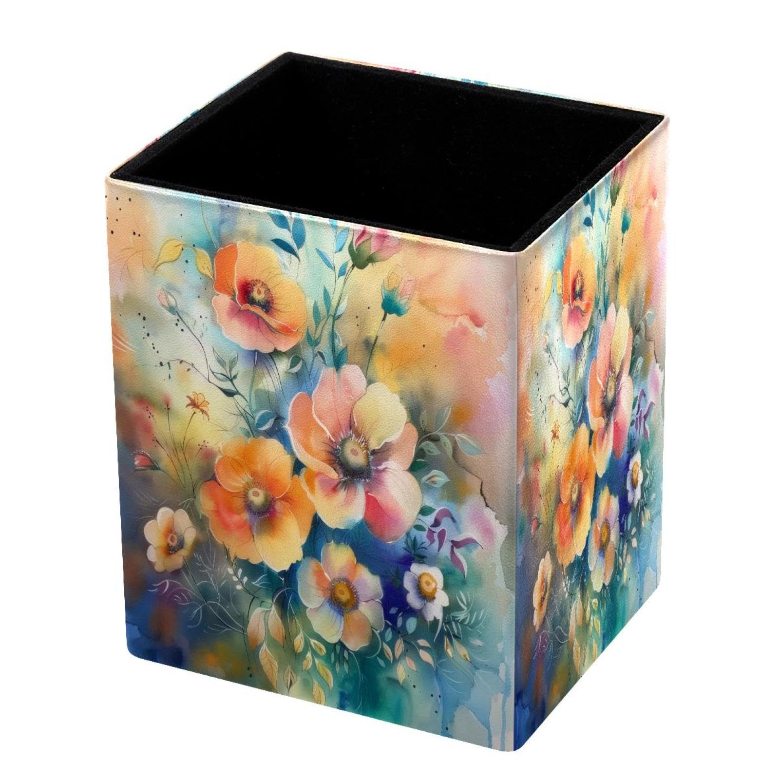 DragonBtu Desktop Pencil Holder, Flower Watercolor Rectangular Pencil Cup, Pencil Storage Bag Office Desk Supplies Case for School, Kids