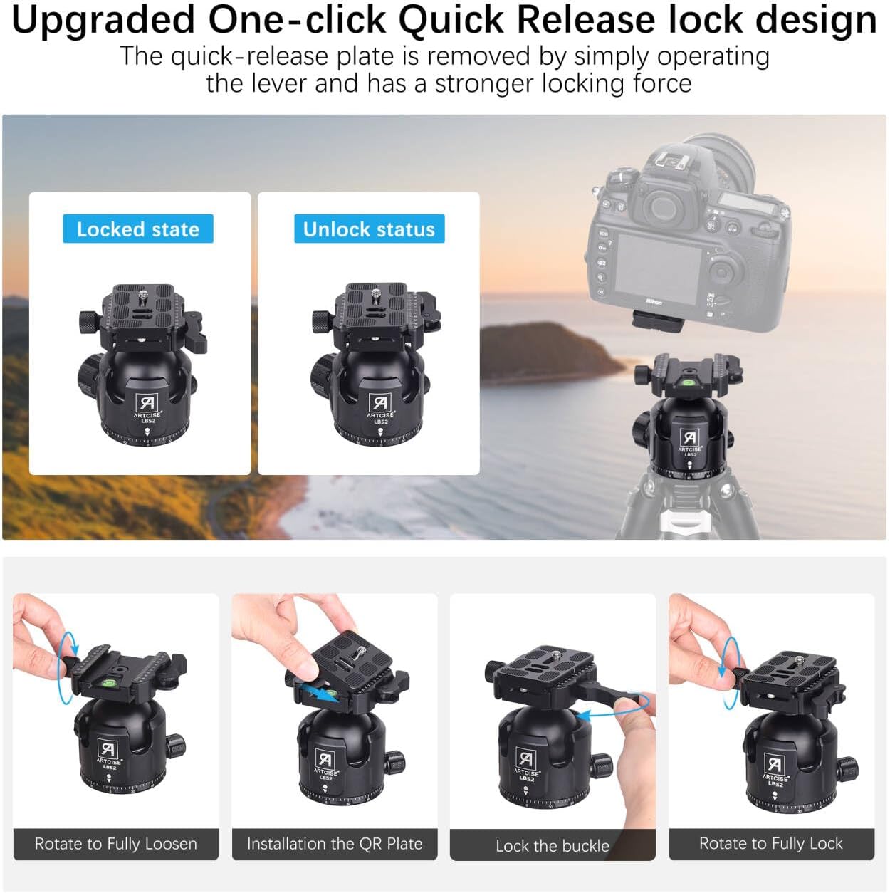 Low Profile Ball Head with Lever Release ARTCISE 52mm Heavy Duty Tripod Ball Head Mount with Two Arca Quick Release Plates for Tripod, Monopod, DSLR, Max Load 66lbs/30kg (All Black)