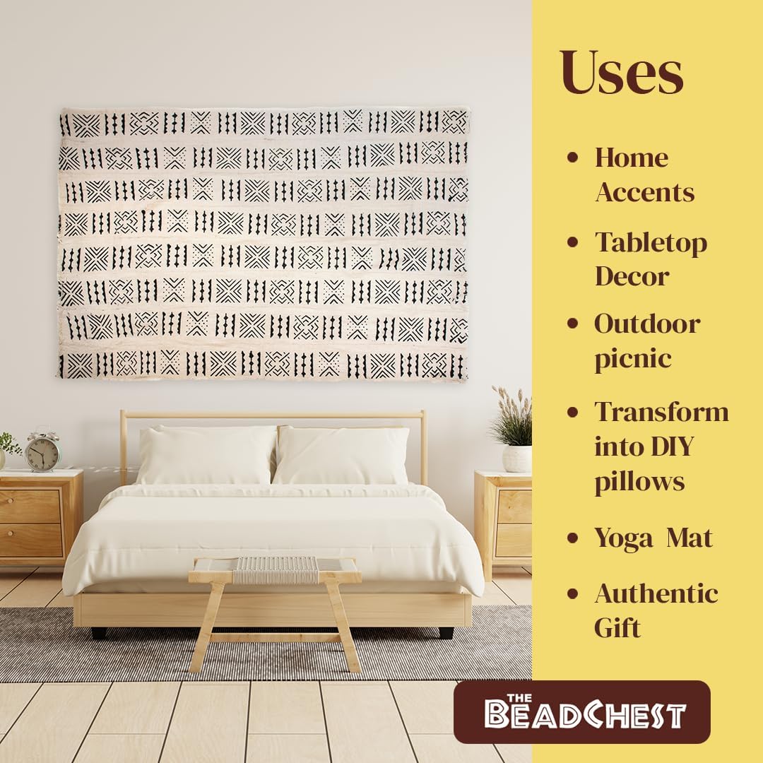 The Bead Chest White Bogolan Mali Mud Cloth - Handmade African Textile from West Africa - 40x64 Inches - Ideal for Home Decor, Boho Throw Blanket, Upholstery, or Crafts
