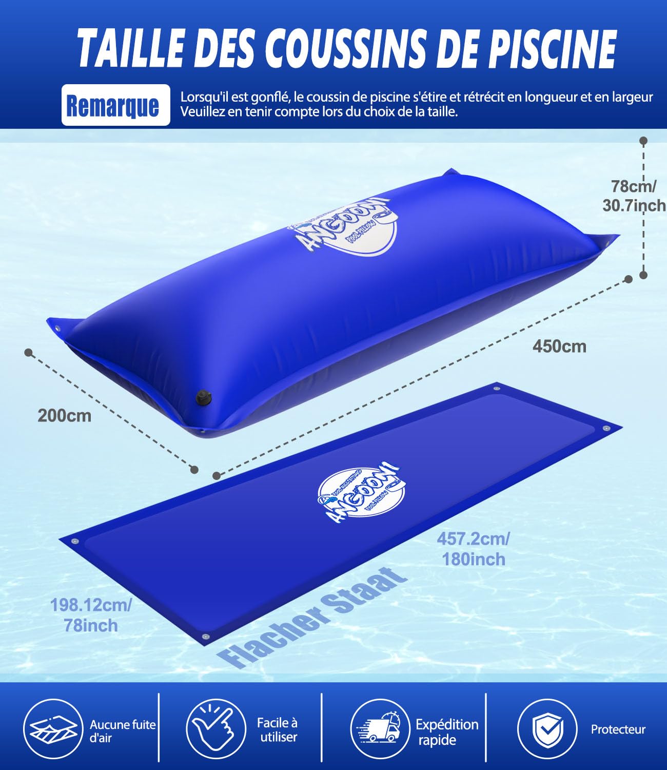 Angooni Coussin de piscine d'hiver XXL - 200 x 450 cm - Double couture | Boston Valve de gonflage double 0,4 mm PVC résistant au froid indéchirable avec œillets cordes pour hivernage de piscine Bleu