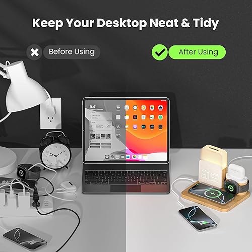 Miniatura 4 de Estación de carga de reloj despertador para dormitorios, estación de carga inalámbrica 7 en 1, cargador magnético con luz nocturna para iPhone 17,