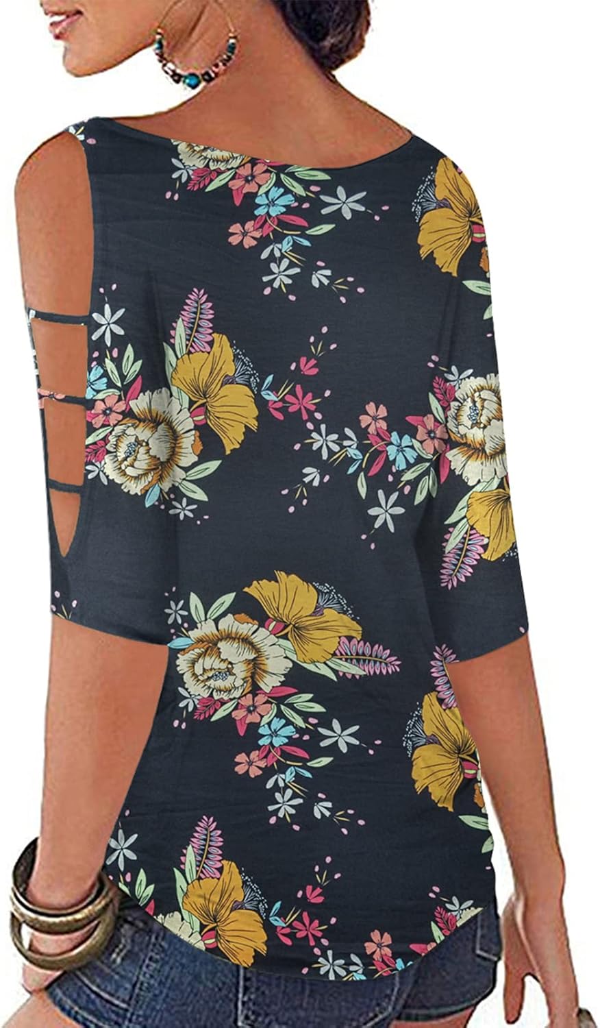 Womens Summer Cold Shoulder Tops 3/4 Sleeve T Shirts Pullover Casual Dolman Blouses - Image 2