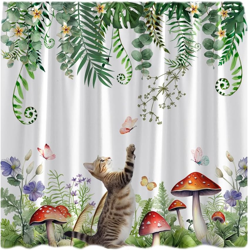 Funny Cat Leaves Floral Shower Curtain Sage Green Leaves Purple Floral Mushroom Nature Plant Spring Cute Cats Rustic Vintage Farmhouse Kitten Fabric Bath Curtain Set with Hook