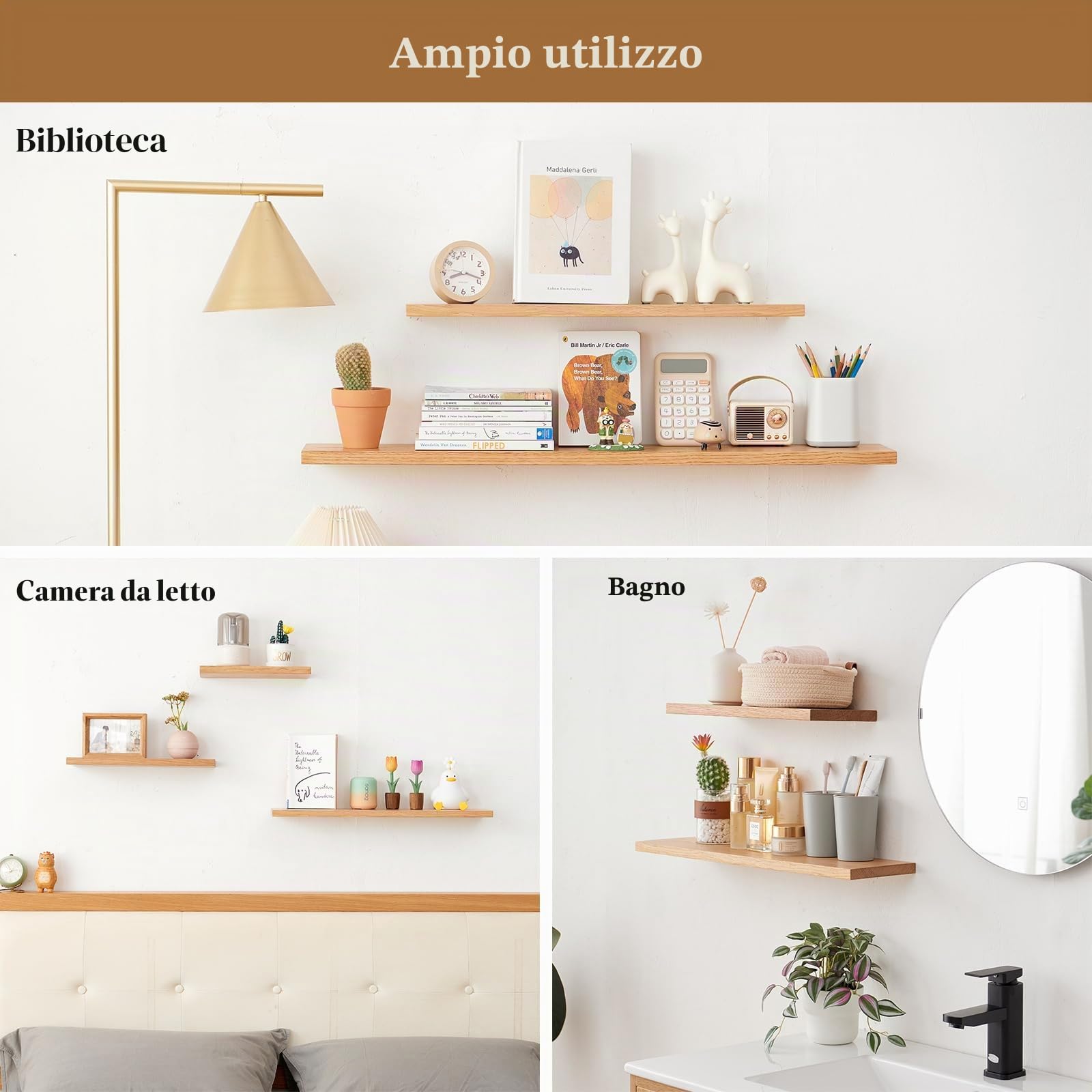 Mensola da Muro di Quercia, Mensola da Parete, Scaffale Galleggiante in Legno Massello per camera da letto, soggiorno, cucina, ufficio a casa, lavanderia (90 cm)