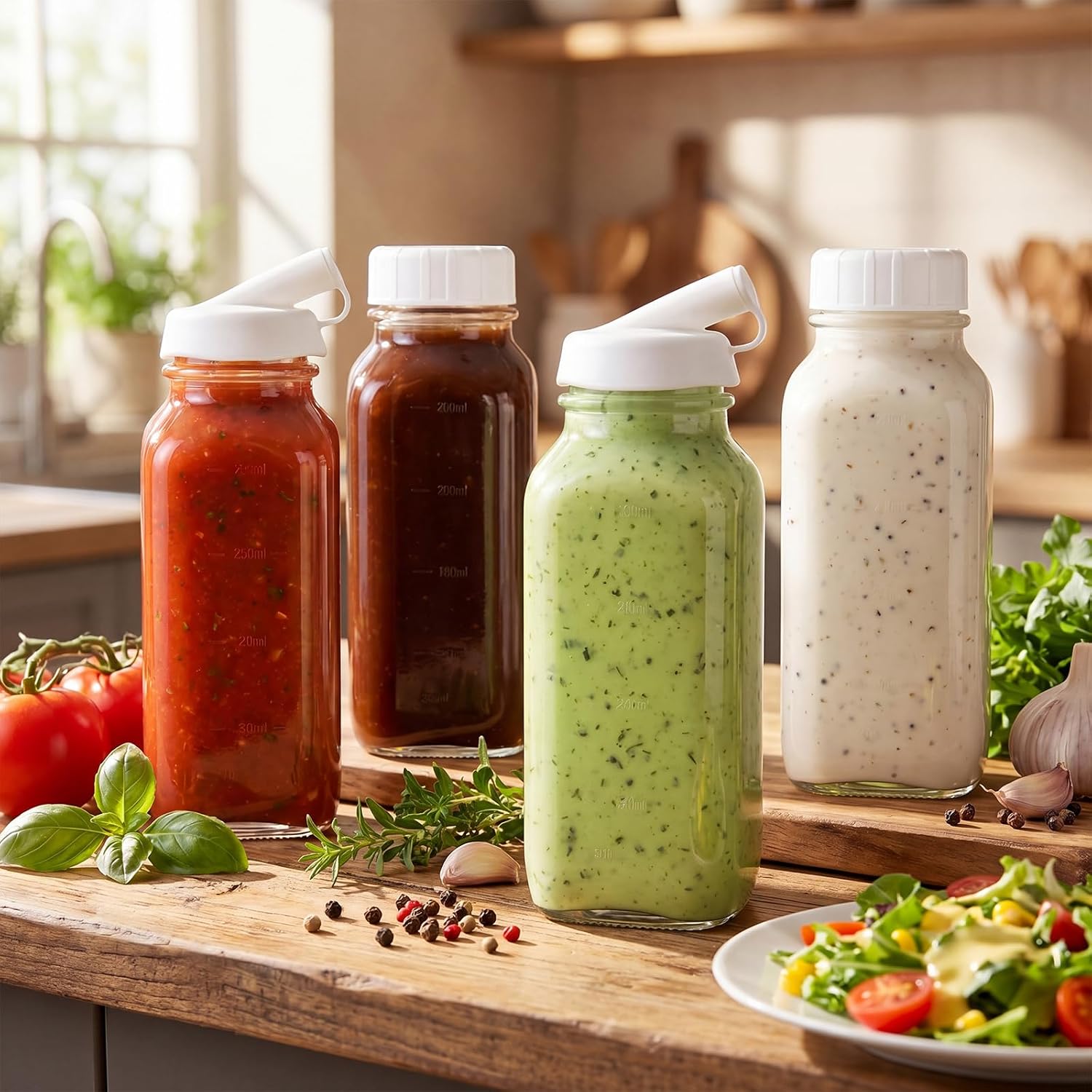 4 Pcs 16 oz Salad Dressing Shaker Glass Dispenser with Silicone Pour Spout and Tamper-proof Lid Refillable Salad Dressing Dispenser Mixer Shaker for Sauces Ketchup Sour Cream Syrup