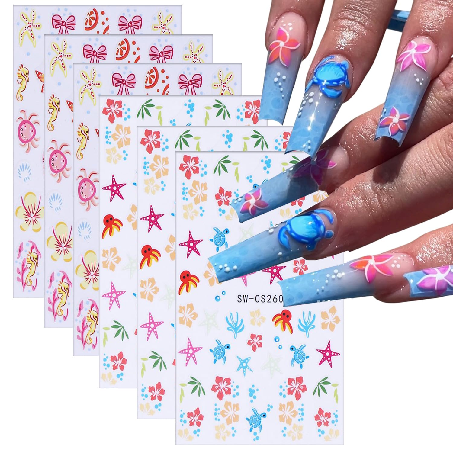 6 Sheets Marine Life Nail Art Stickers 3D Self-Adhesive Starfish Turtle Nails Sticker Flower Nail Art Decals Holographic Bow Nails Decal Decoration