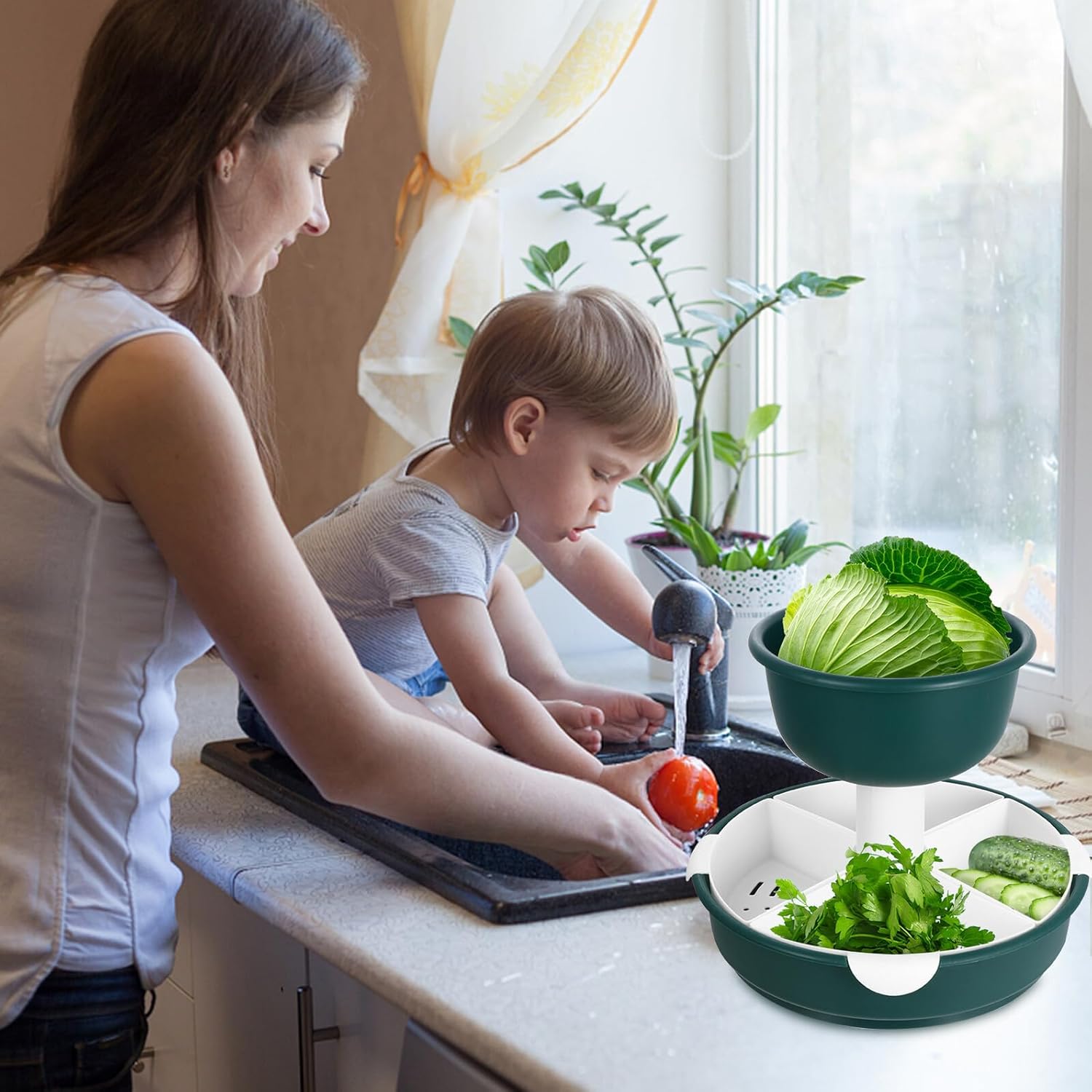 Double-layer Fruit Vegetable Washing Basket with Drainage Colander, Mint Green Plastic Food Strainer for Kitchen Hot Pot and Produce Cleaning, Space-saving Draining Bowl for Home