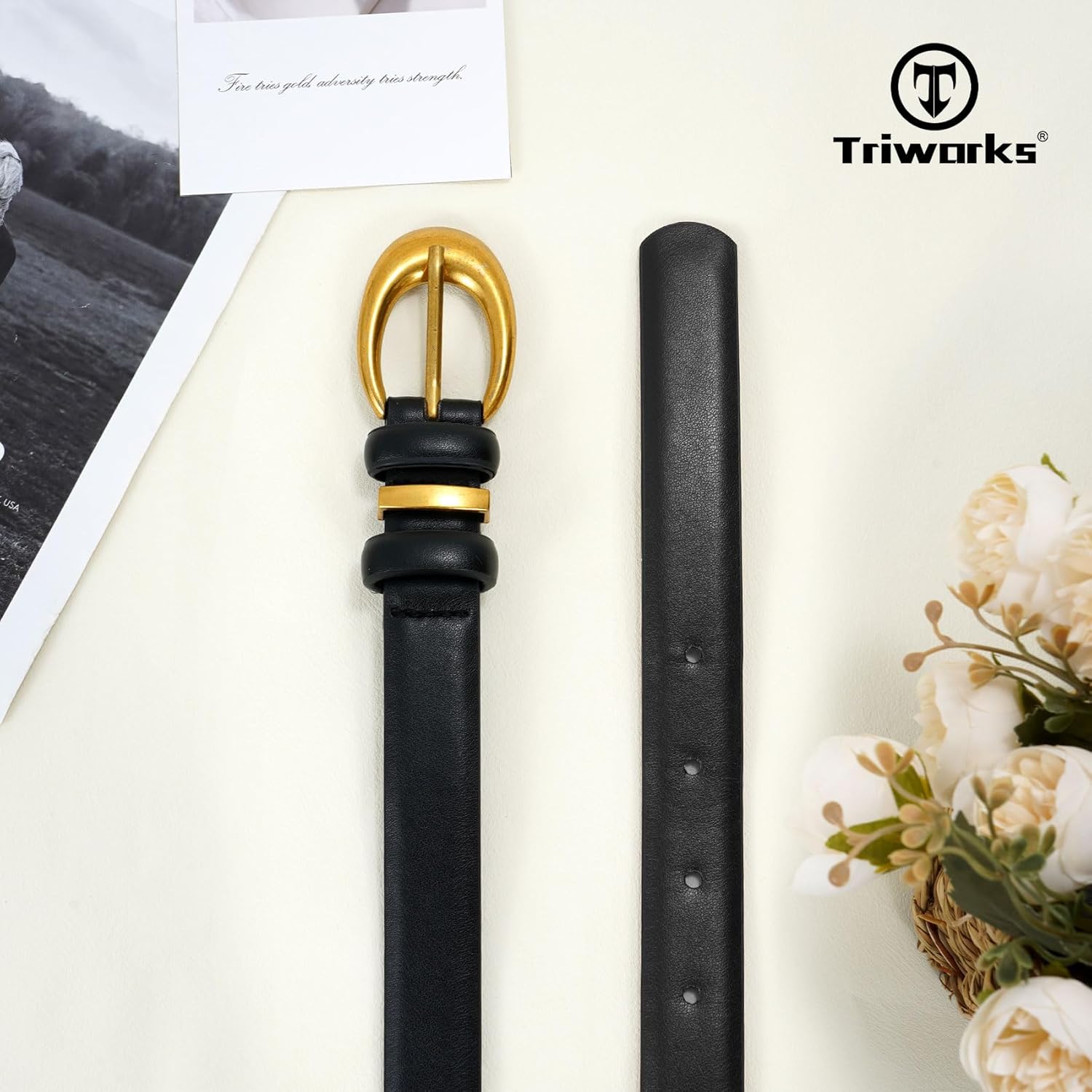 TRIWORKS 2 Pack Women Leather Belt for Jeans Pants Fashion Ladies Skinny Faux Leather Belt with Gold Buckle - Image 4