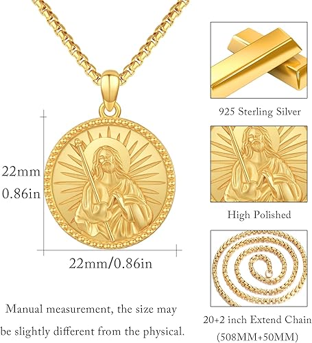 Vista 101 de Collar con colgante de plata de ley 925 con medalla de San Patrón, joyería religiosa para hombres y mujeres, con cadena de acero inoxidable 316L