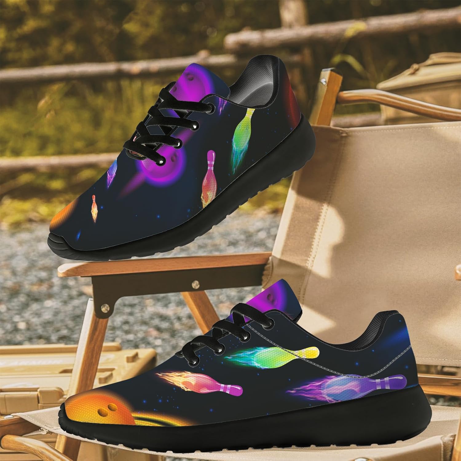 Running Shoes for Men Women Bowling Pattern Shoes Black Walking Sneakers Tennis Shoes Bowling Gifts for Women Men