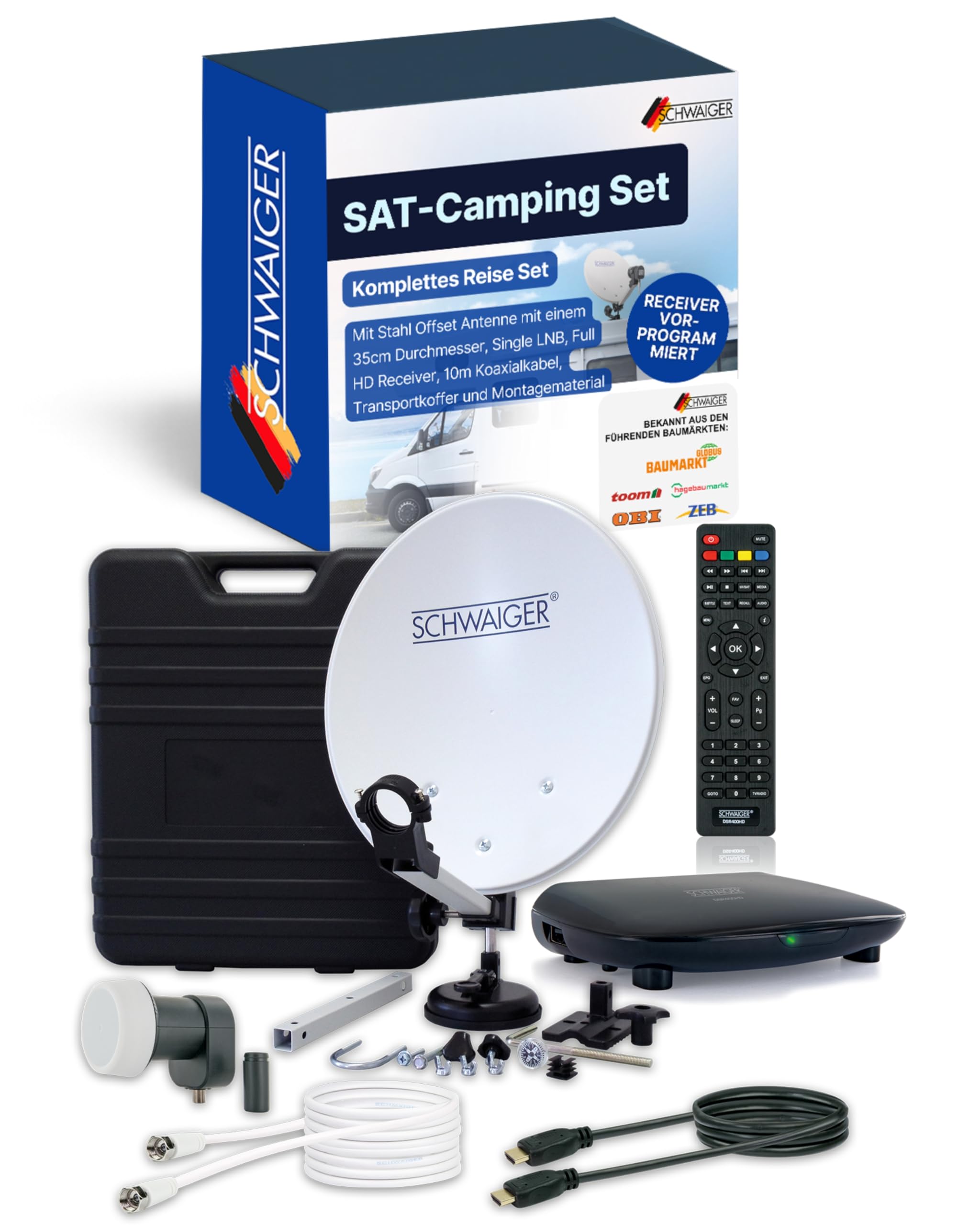 SCHWAIGER SAT-Camping Set I Satellitenanlage Komplettset I 35cm Stahl Offset Antenne, Single LNB, Full HD Receiver, 10m Koaxialkabel, Transportkoffer 