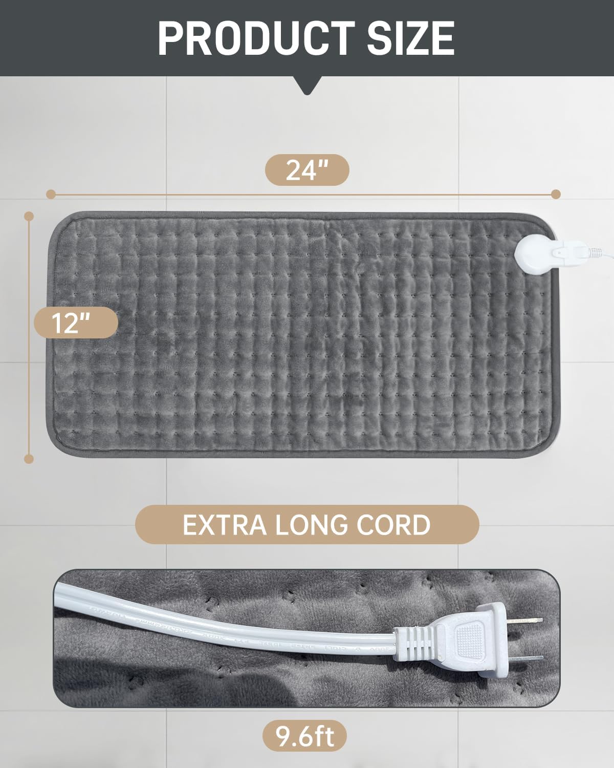 Heating Pad Electric Large for Back Pain Relief/Period Cramps/Neck and Shoulders, Moist Heat Pad for Knee, Leg, 4 Heat Settings, 2 Hour Auto Shut Off, Machine Washable, Gift for Mom, 12” X24”, Grey