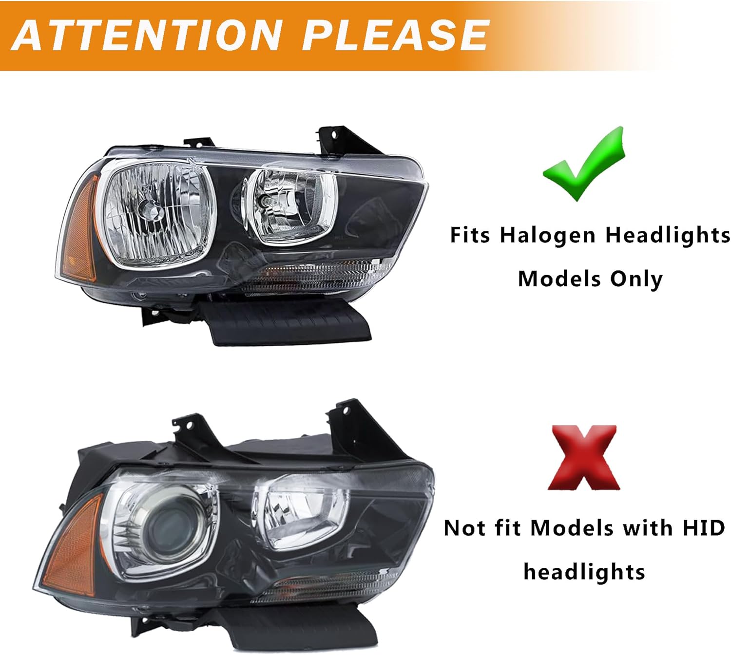 Headlights Assembly Compatible with 2011 2012 2013 2014 Dodge Charger Halogen Headlamp NOT HID Model, Black Housing Amber ReflectorAmber Side