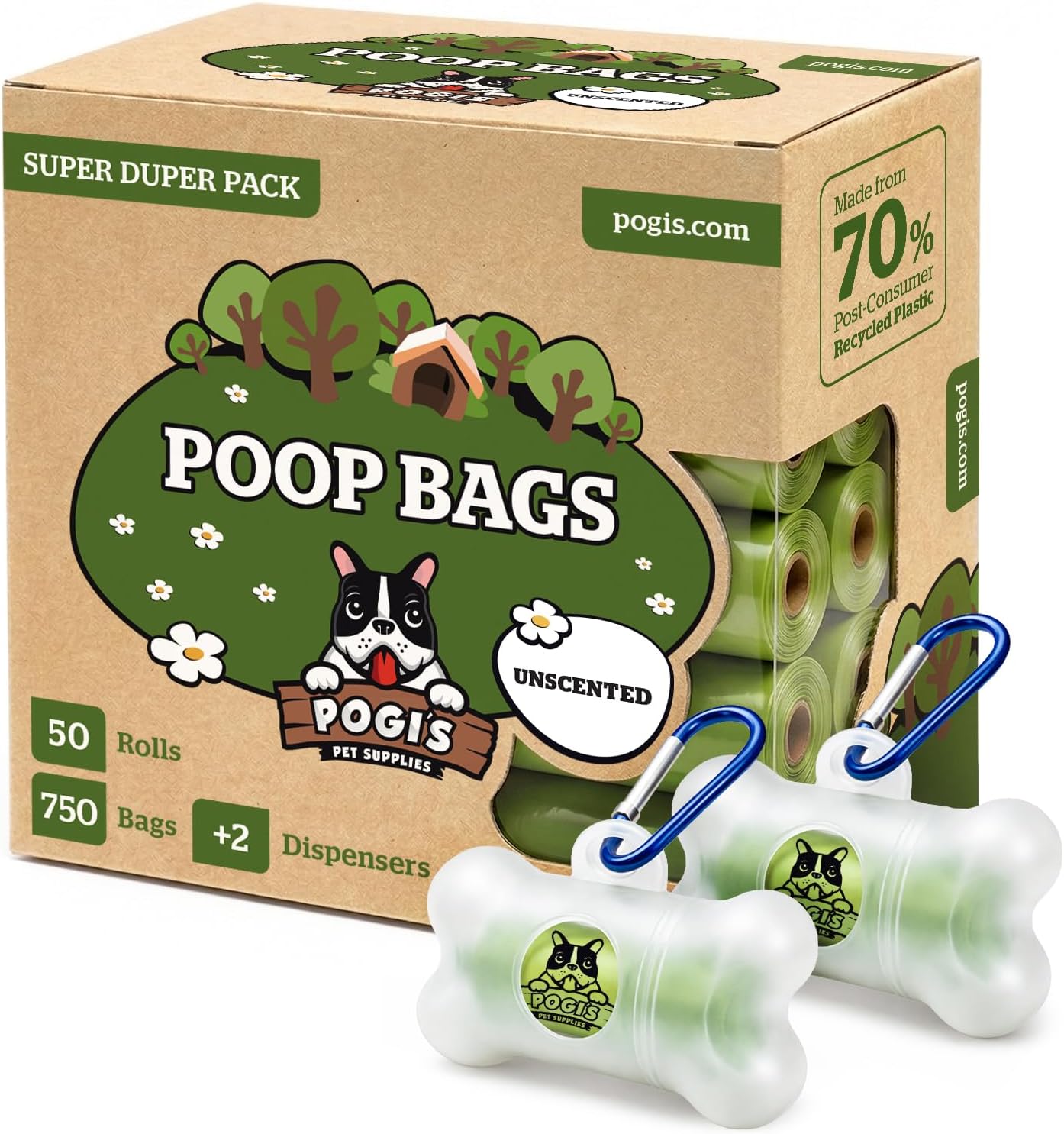Pogi’s Dog Poop Bags – Leak-Proof & Extra Thick Pet Waste Bags with 2 Holders (Unscented, 50 Rolls, 750-Count)