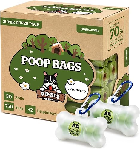 Pogi’s Dog Poo Bags – Leak-Proof & Extra Thick Pet Waste Bags with 2 Holders (Unscented, 50 Rolls, 750-Count)