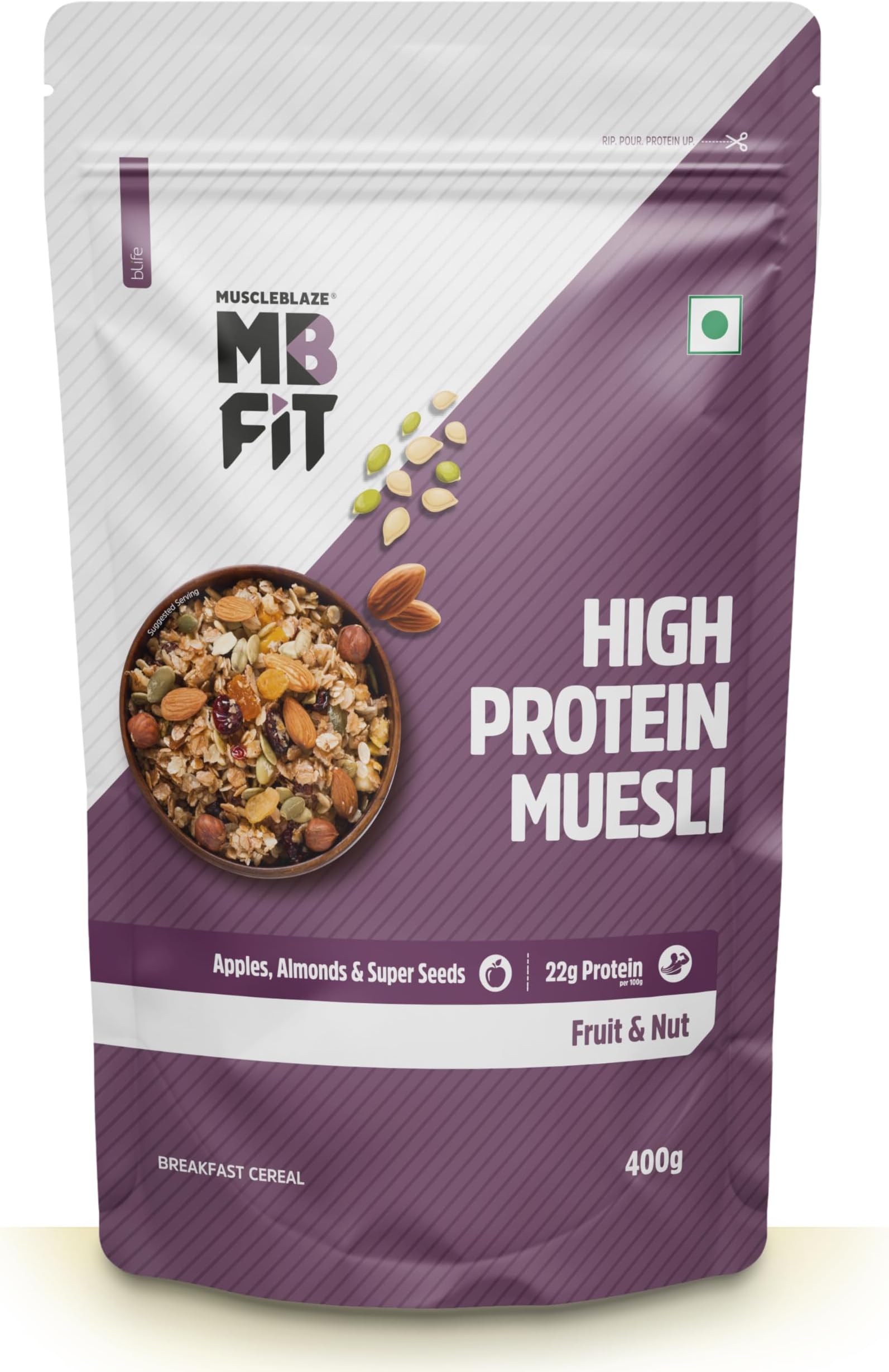 Fit High Protein Muesli (400g, Fruits & Nut) | 22g Protein | With Apple, Almonds & Super Seeds,High Protein Breakfast Cereals