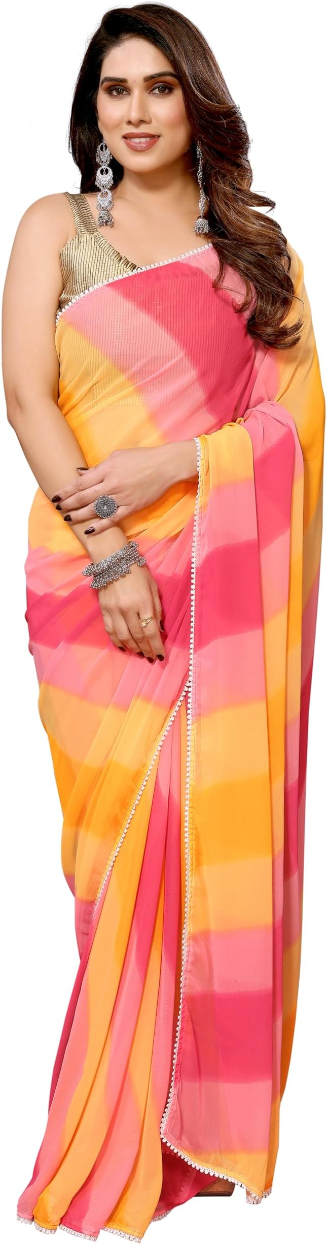 MOHIT CREATIONS Women's Party Wear Georgette Printed Border Ready To Wear Saree With Unstiched Blouse Piece