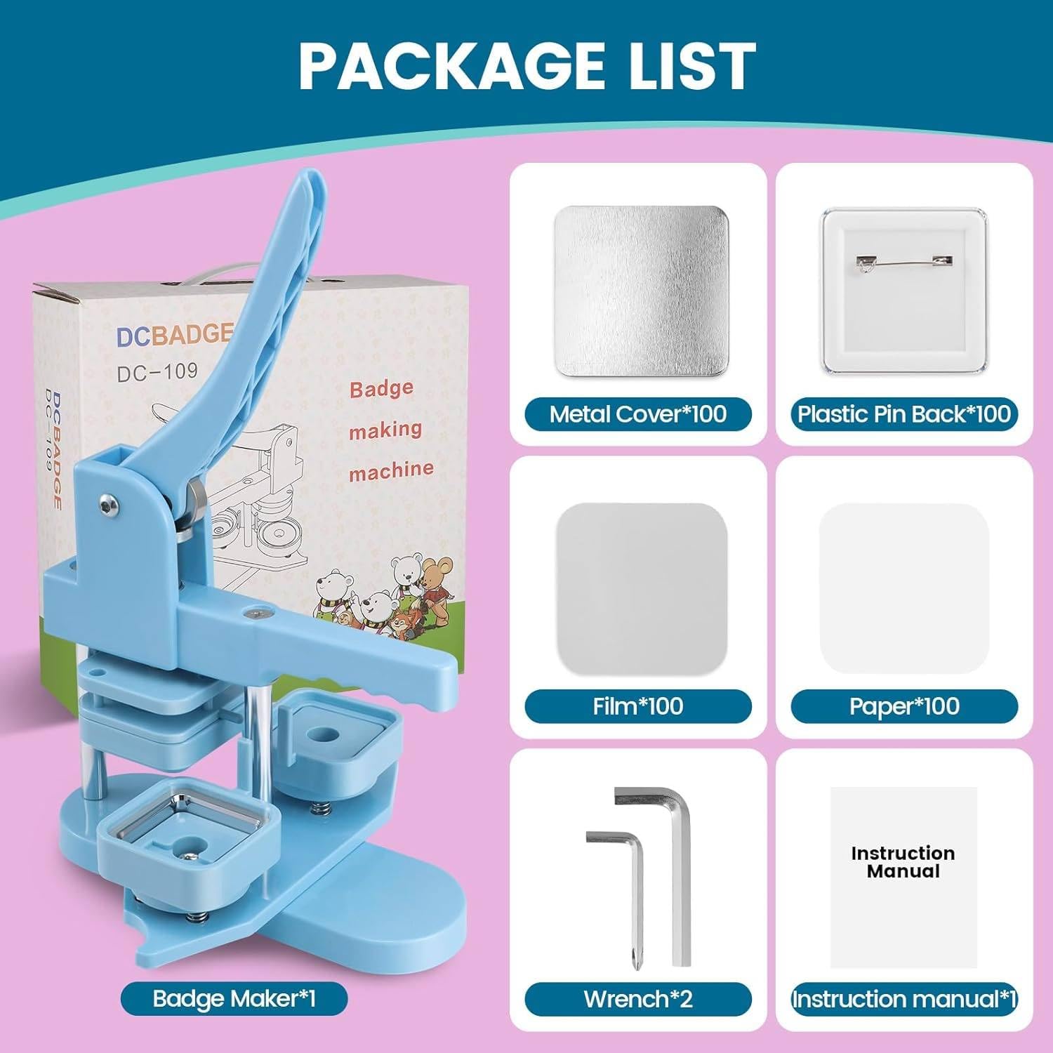 Máquina para Hacer Insignias, máquina para Hacer imanes de refrigerador Cuadrados de 50 mm, máquina para Hacer Insignias, máquina para presionar Botones, Kit para Hacer Pins,Pink-PinBadges