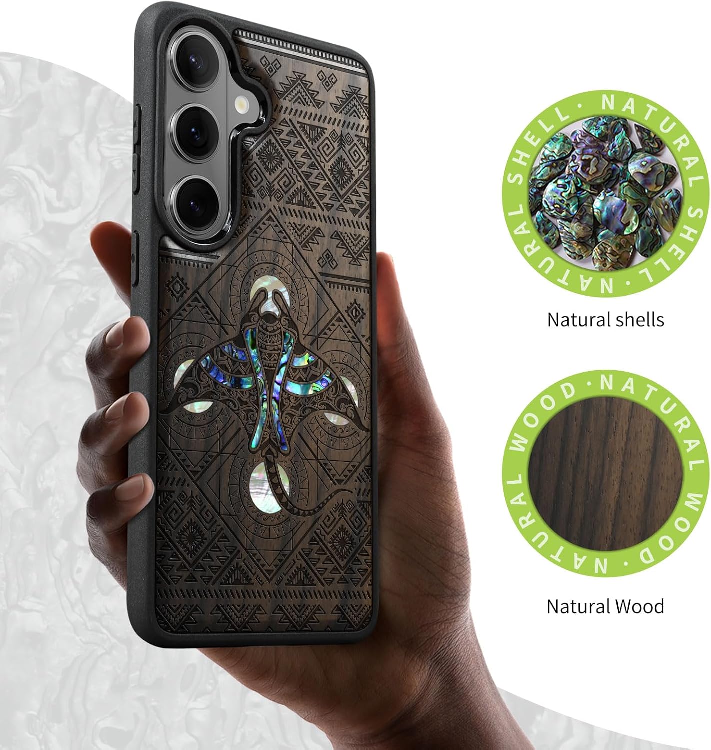 Carveit Magnetic Wooden Case for Samsung Galaxy S26 Case, Wood Artisan Engraved & Handmade Shell Inlaid, Compatible with MagSafe Wireless Chargers (The Tribal Manta Rays) Blackwood