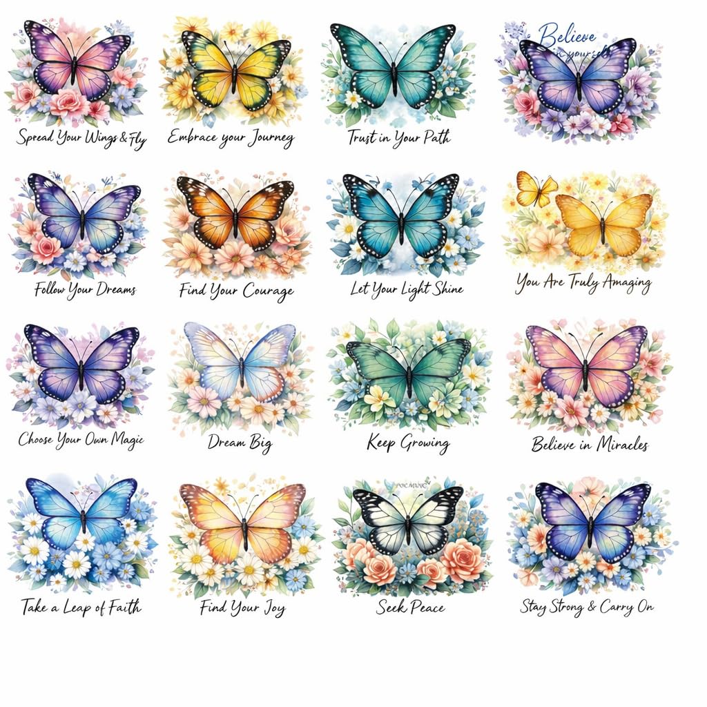 UV DTF 12 Rub On Stickers – Inspirational Butterfly Quote Rub On Transfers for Glass, Cups & Jars – Waterproof Permanent Decals