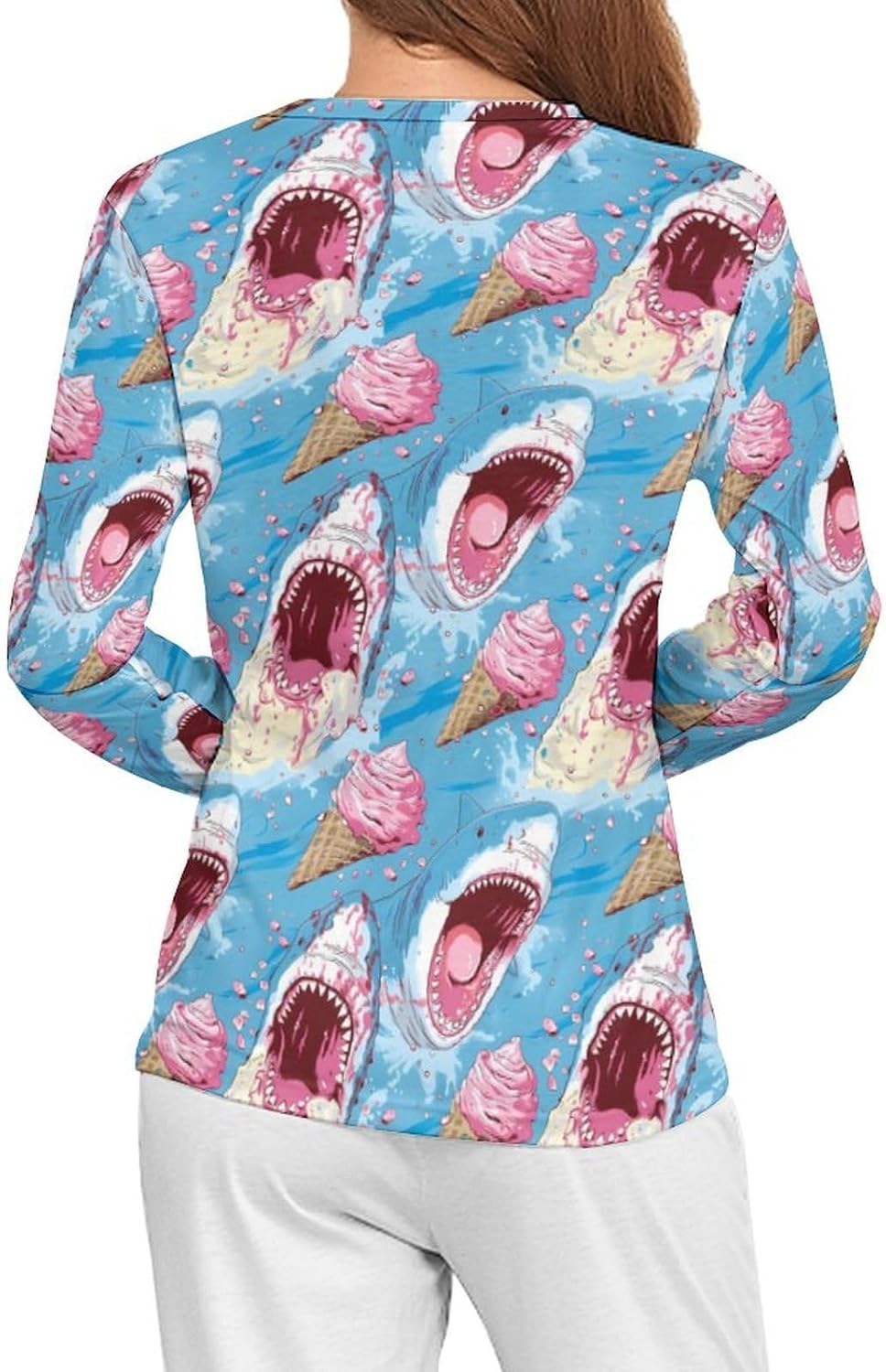 Ice-Cream Shark Women's Pajama Top Sleepwear Pajamas Sleep T-Shirt Long Sleeve Shirt Crewneck Tee