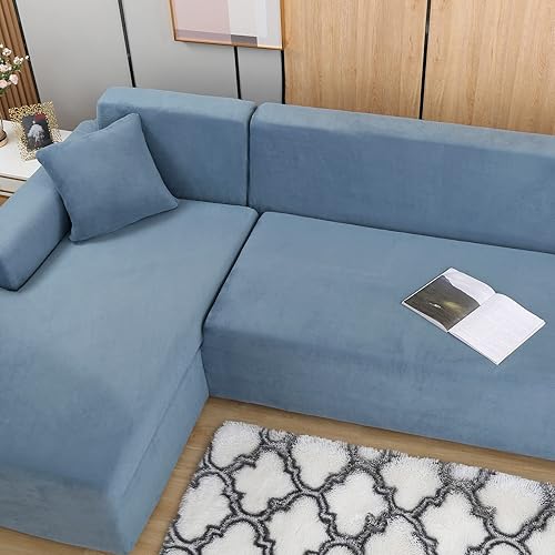 Miniatura 2 de Fundas de sofá modulares en forma de L, 2 fundas de terciopelo grueso antideslizantes para sillón de 3 + 3 plazas, protector de muebles para sala de